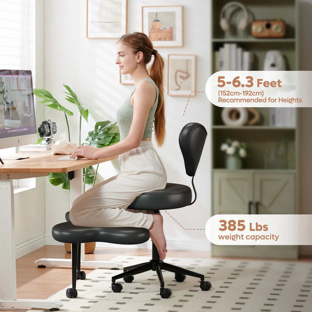 Cross Legged Office Chair, Black PU Leather Ergonomic Criss Cross Swivel Desk Chair, Comfy Task Chair for Home Office, Gaming& Meditation, Armless