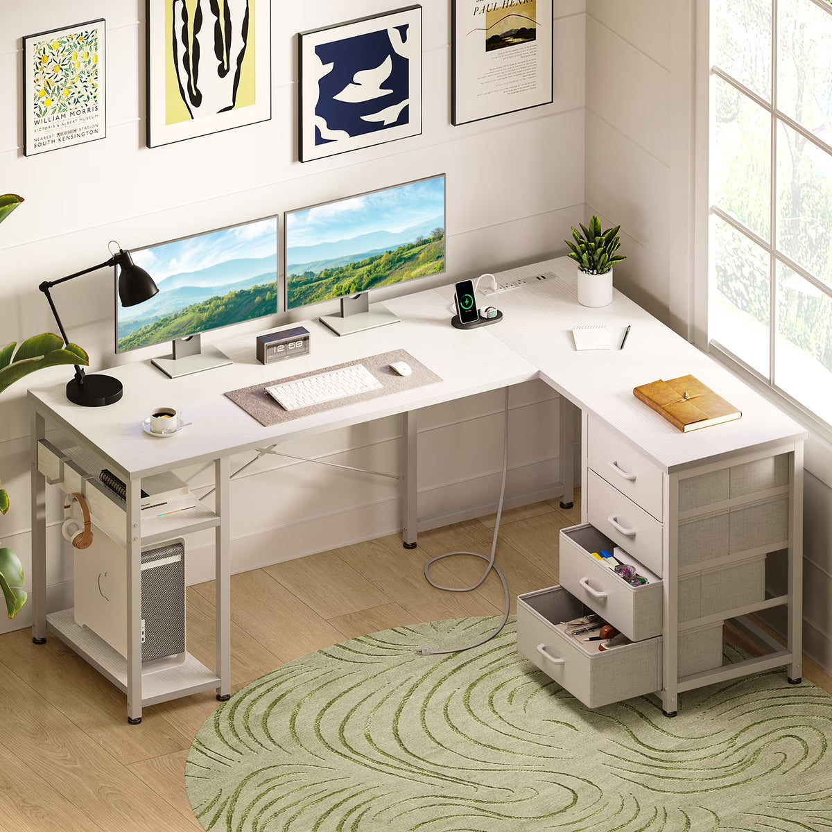 Reversible L Shaped Corner Desk with Charging Station and Drawers, Modern Office & Gaming Desk, Pure White
