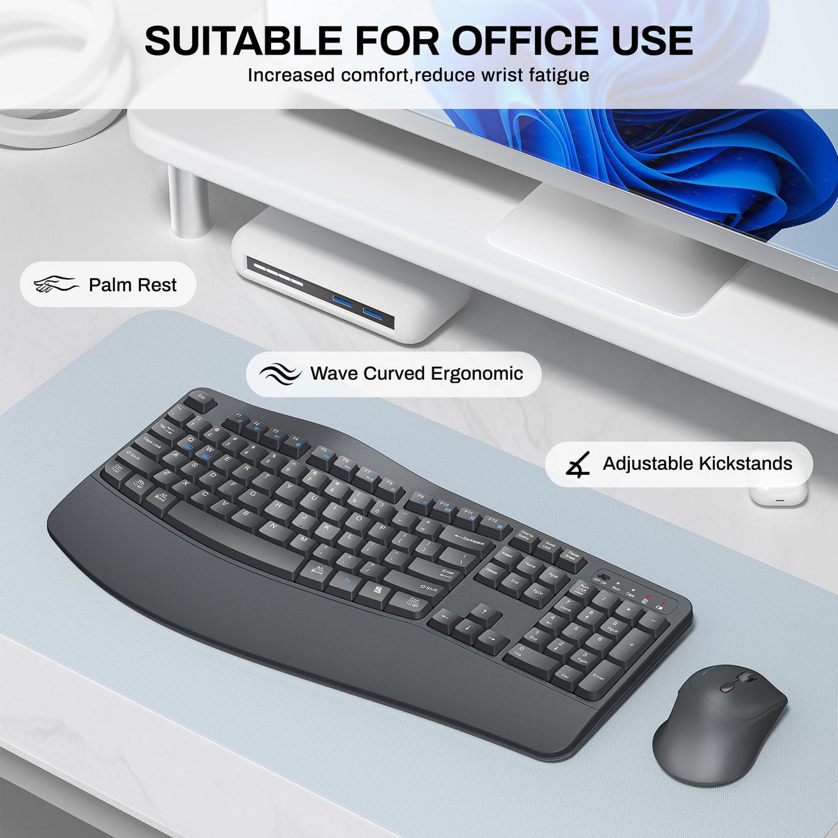 Wireless Wave Keys Combo, Ergonomic Keyboard and Mouse, 2.4Ghz, Full Size, Comfortable Natural Typing, for Laptop, Mac, Windows (Grey)