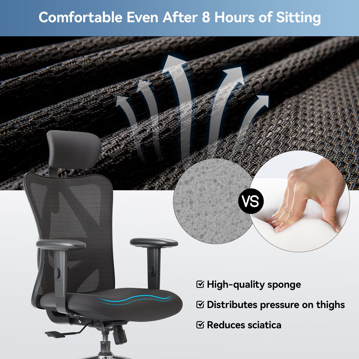 M18 Mesh Ergonomic Office Chair with Adjustable Lumbar Support, High Back, Black