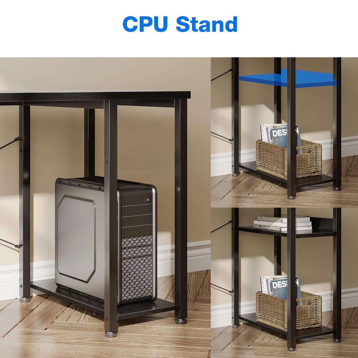 Reversible L Shaped Corner Desk with Charging Station and Drawers, Modern Office & Gaming Desk, Pure Black