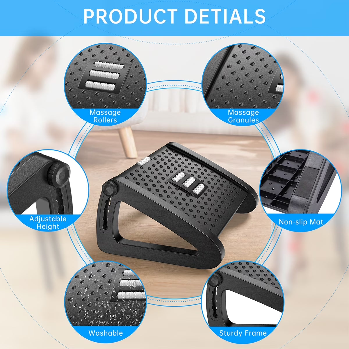 Foot Rests, Adjustable under Desk Footrest with 6 Height Position&Massage Surface, Ergonomic Foot Stool under Desk at Work for Improved Circulation and Posture,Home, Office(Black)