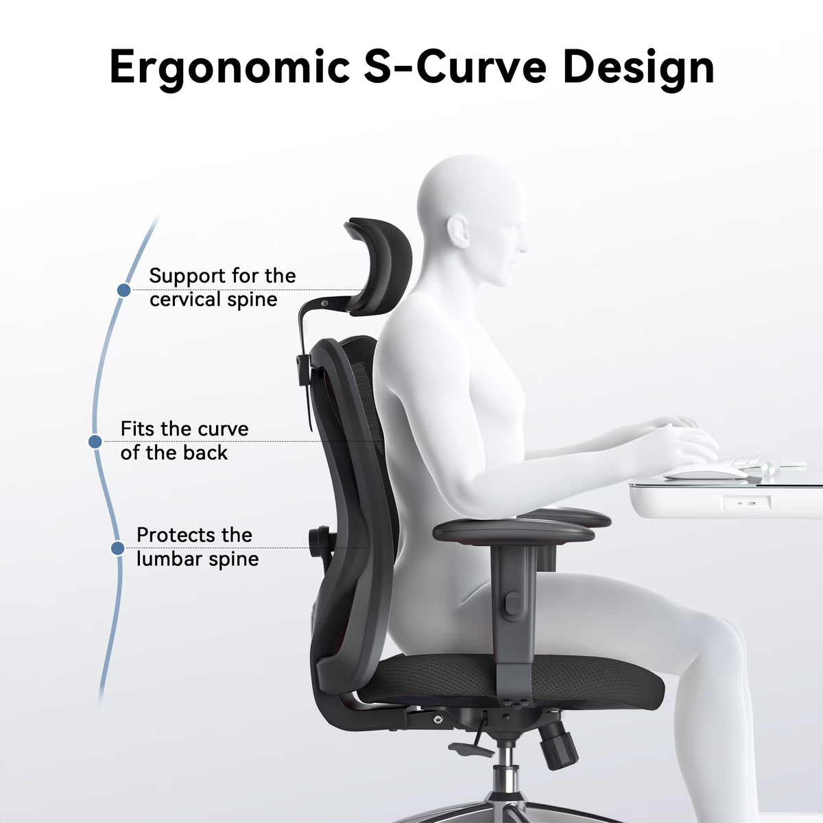 M18 Mesh Ergonomic Office Chair with Adjustable Lumbar Support, High Back, Black